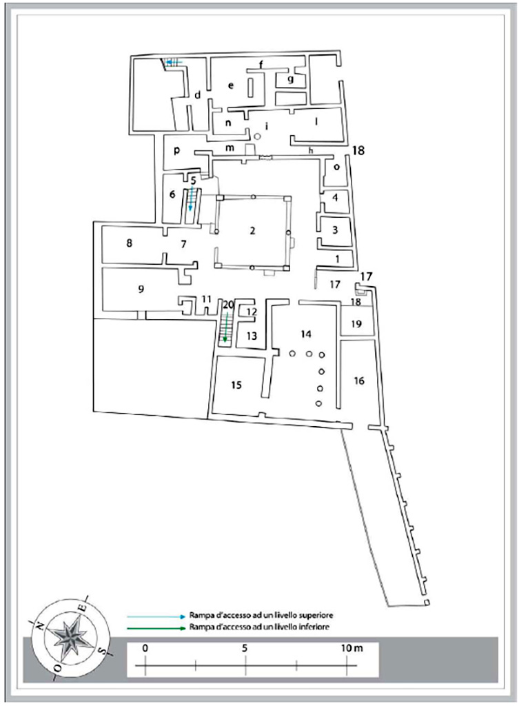 VII.16.17 Pompeii. Casa di Maius Castricius. Plan of first lower level floor. 

Plan M. Notomista and E. Piccirilli. 

See Varriale I., VII 16, Insula Occidentalis, 17, Casa di Maius Castricius in Aoyagi M., Pappalardo U., 2006. Pompei (Regiones VI-VII) Insula Occidentalis. Napoli: Valtrend, p 426, Tav. 12. 